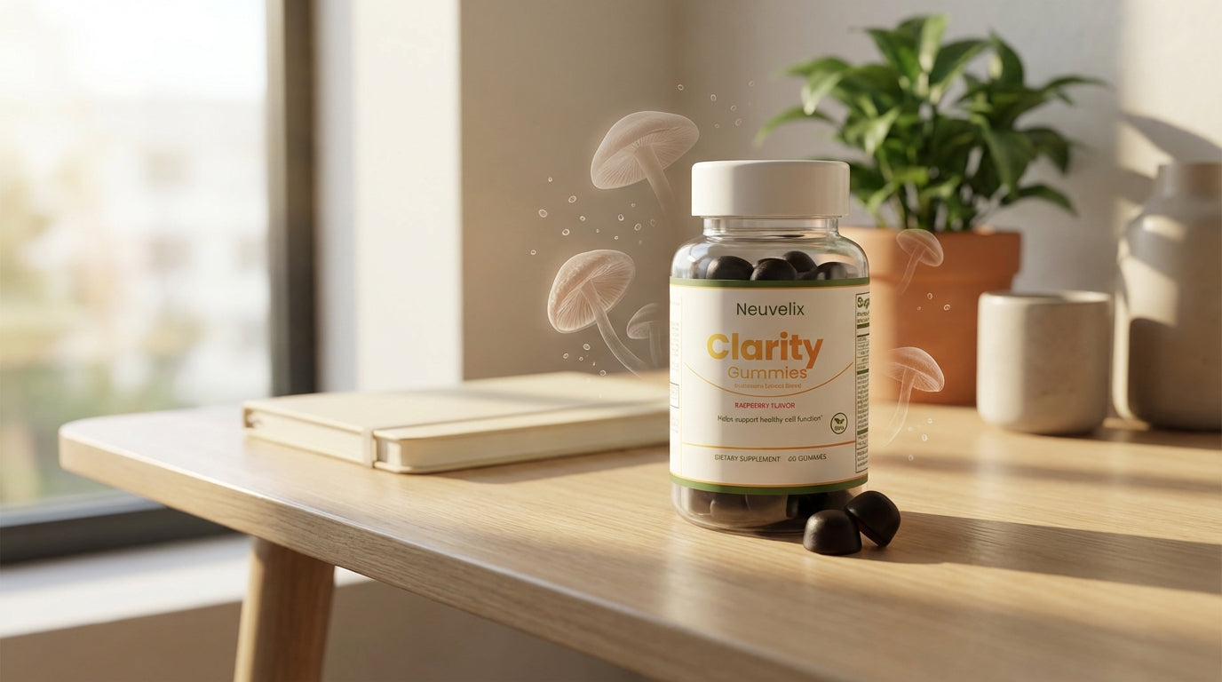 Neuvelix Clarity Gummies, little mushrooms, sunlight, chill, comfort